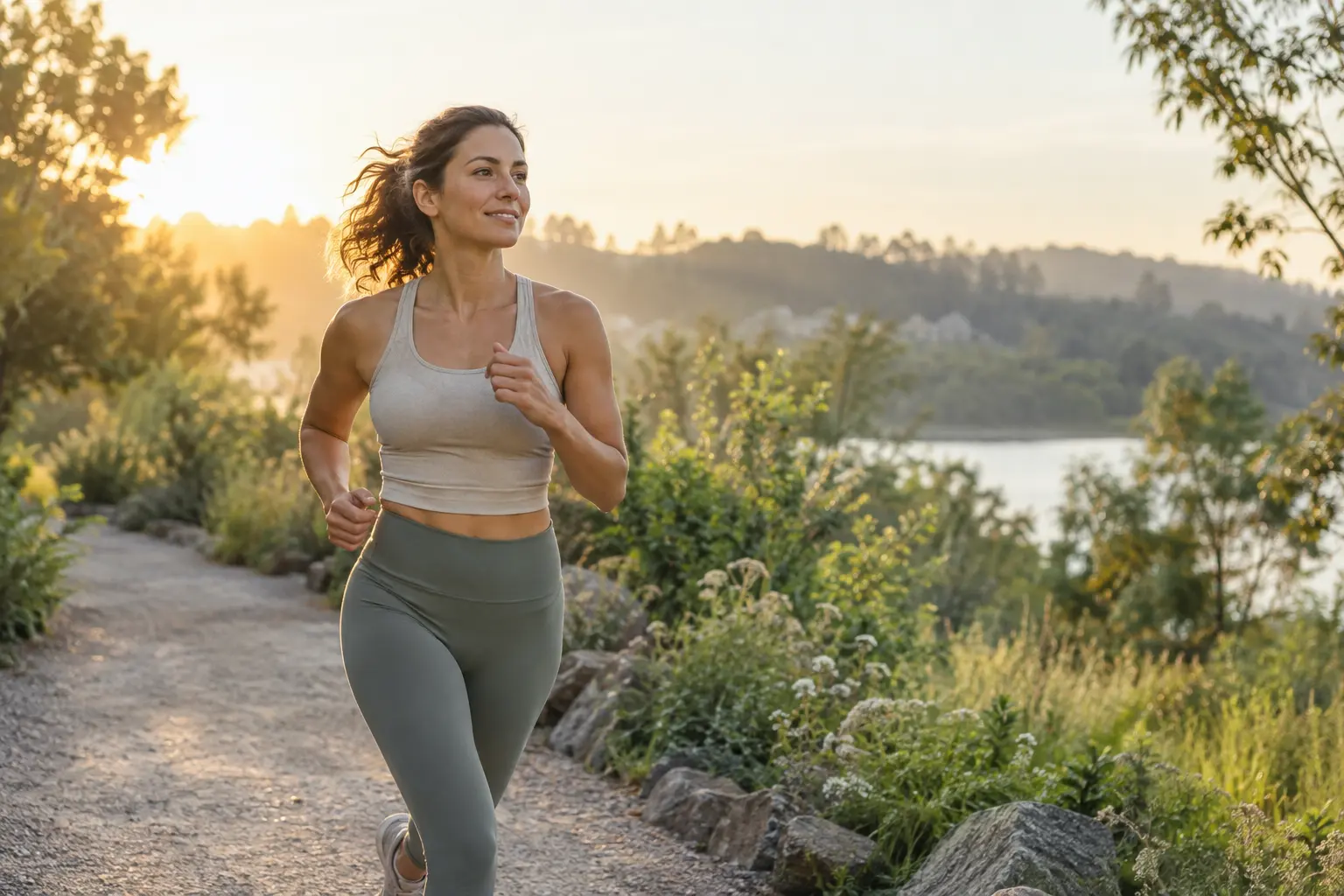 Una mujer corriendo al amanecer en un parque, disfrutando de una rutina activa.