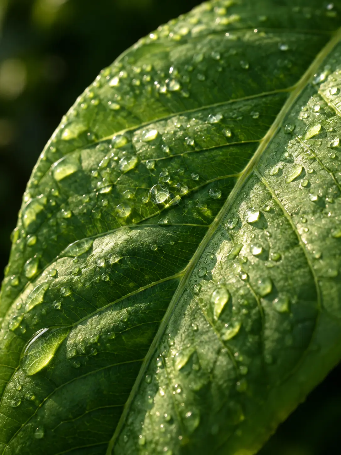 Detalle de una hoja verde con gotas de agua iluminadas por el sol.