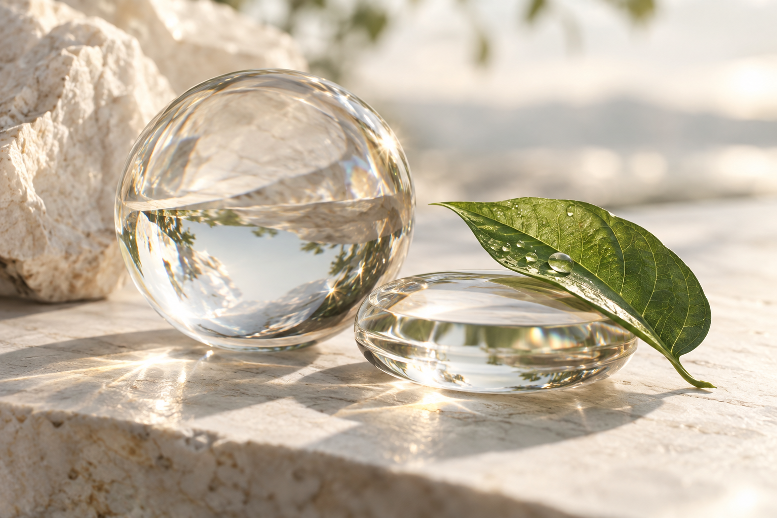 Una hoja verde y gotas de agua entre piezas de vidrio transparente, una interpretación de ciencia y naturaleza.